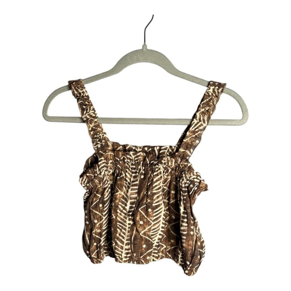 Elan Brown White Printed Cropped Tank Ruffle Straps Small